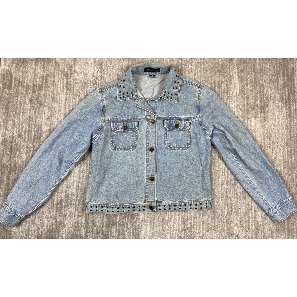 Kyoto Kasuals Denim Jacket Womens M Blue Grommet Studded Light Wash 90s Trucker
